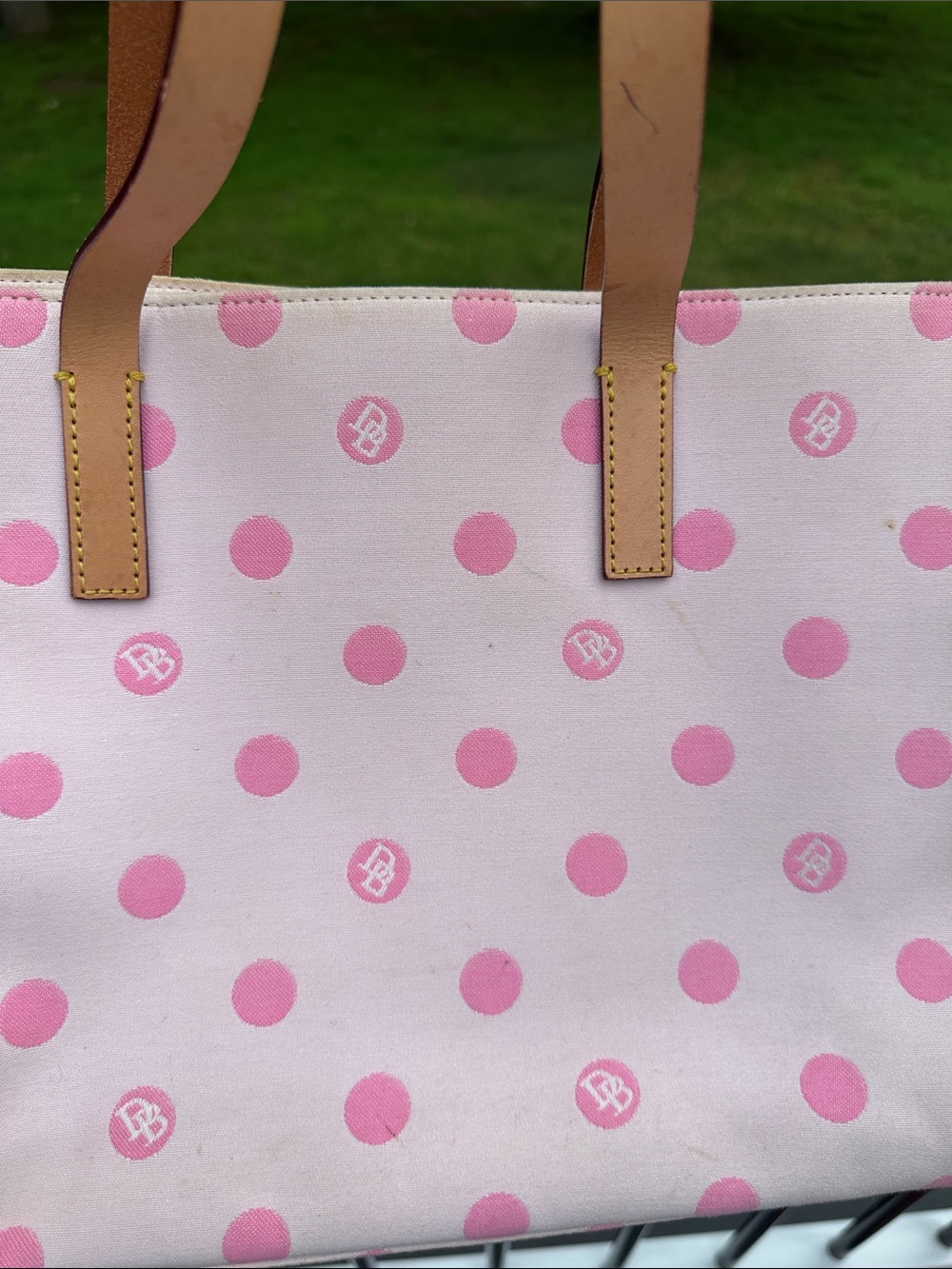 Dooney & Bourke East/West Pink Polka Dot Tote Bag with Tan Straps - Picture 7 of 15
